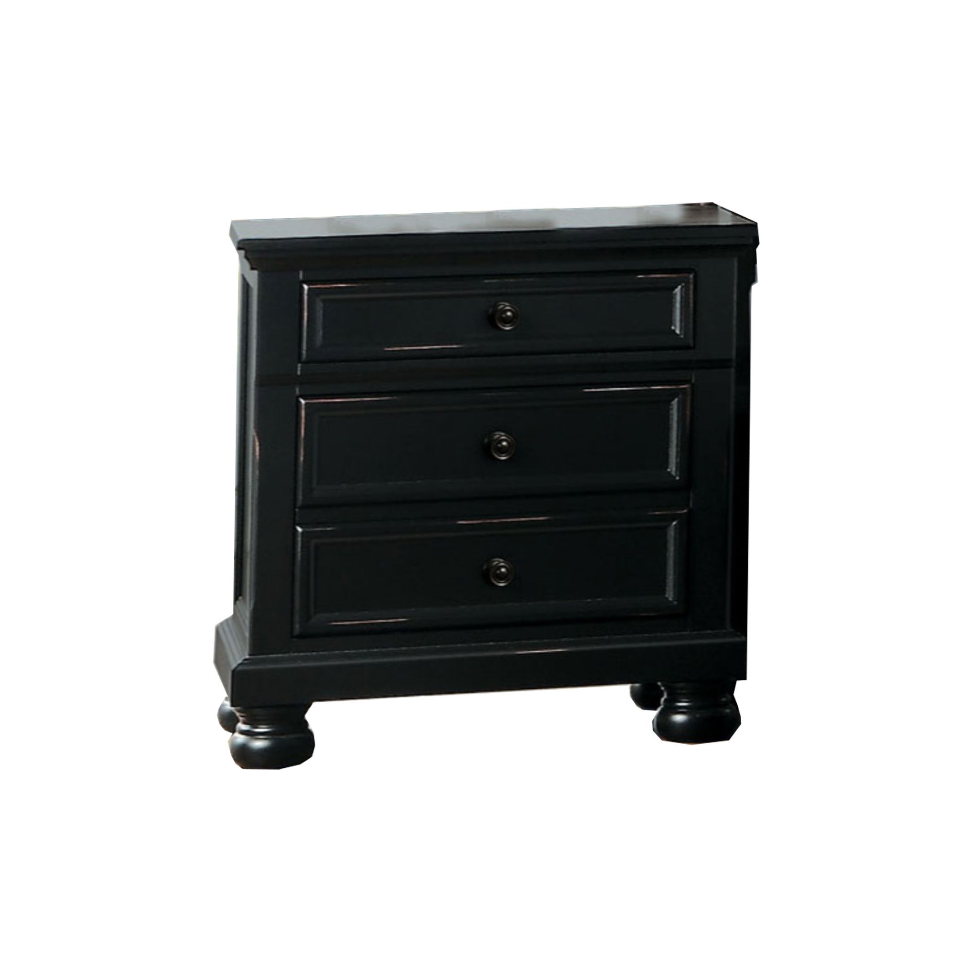Transitional Style Two Drawer Wooden Night Stand with Round Bun Legs, Black