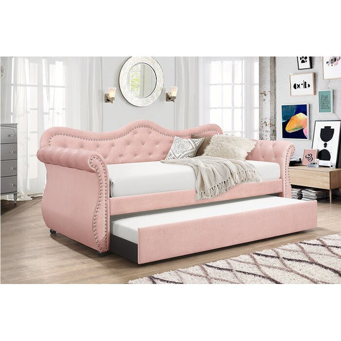 Abby Modern Style Upholstered Velvet Wood Daybed with Trundle in Pink