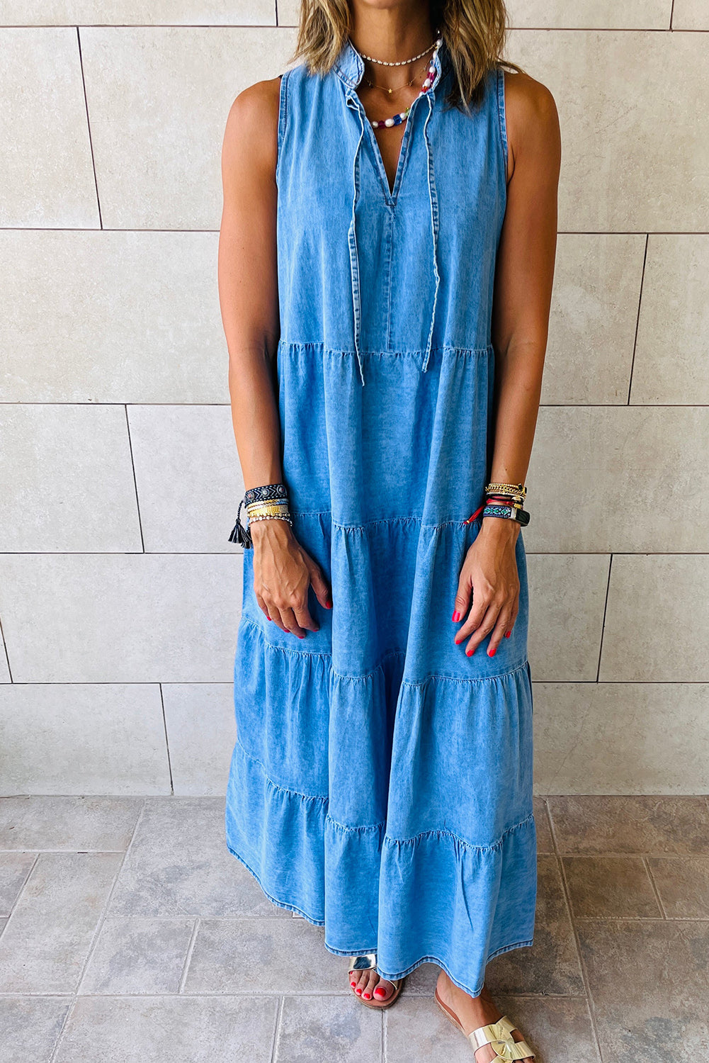 Real Teal Sleeveless Tiered Chambray Maxi Dress - Eloy Royal