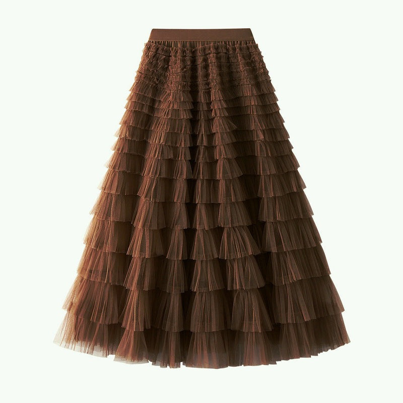 A-Line Mesh Ruffle Skirt Women's Temperament Sweet Long Skirt Slim Cupcake Dress Womens Clothing.