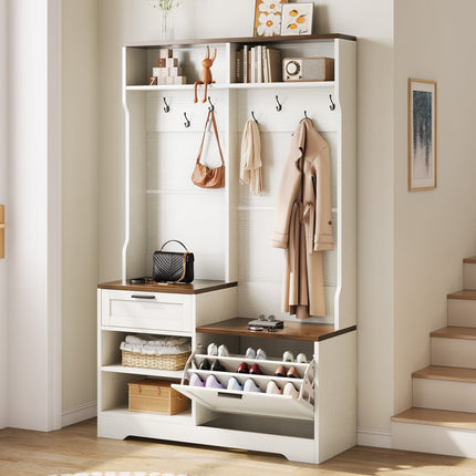 Hall Tree with Bench and Shoe Storage, 6-in-1 Entryway Organizer, 43.3' x 15.75' x 70.87', MDF Wood, Embossed White/Walnut Wood Grain Finish