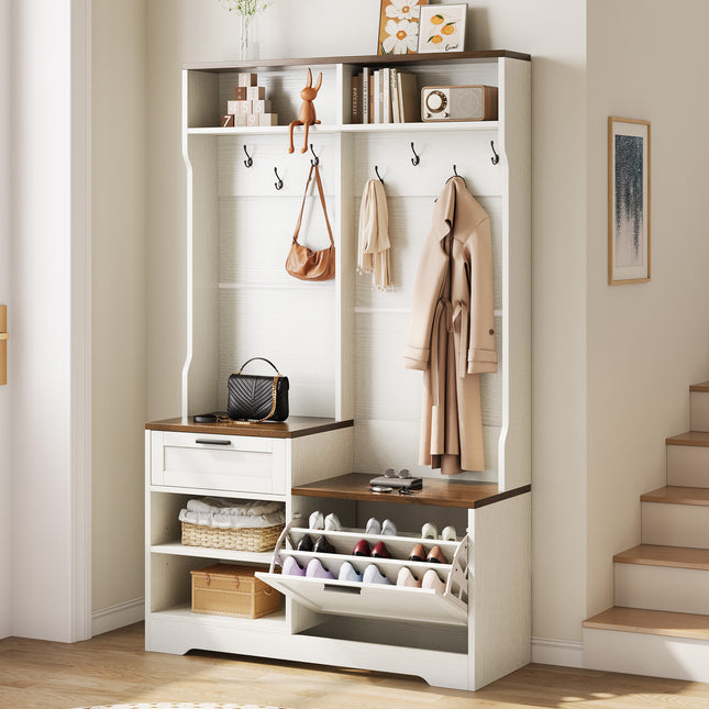 Hall Tree with Bench and Shoe Storage, 6-in-1 Entryway Organizer, 43.3' x 15.75' x 70.87', MDF Wood, Embossed White/Walnut Wood Grain Finish