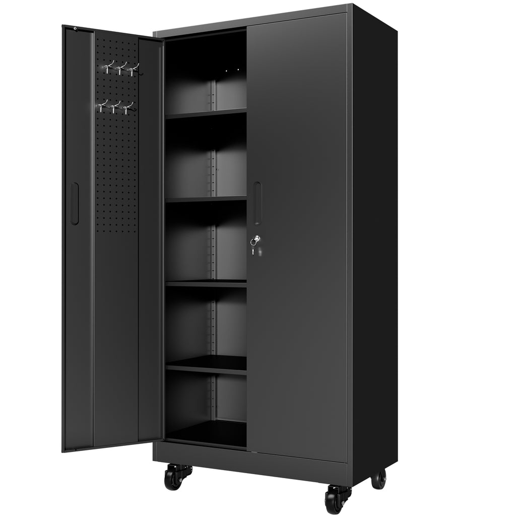 Heavy Duty Metal Storage Cabinet with Doors and Wheels, 71' Tall Garage Cabinet with 4 Adjustable Shelves, Lockable Tool Cabinet with Pegboard & 8 Hooks, Black Steel Storage Cabinet for Garage