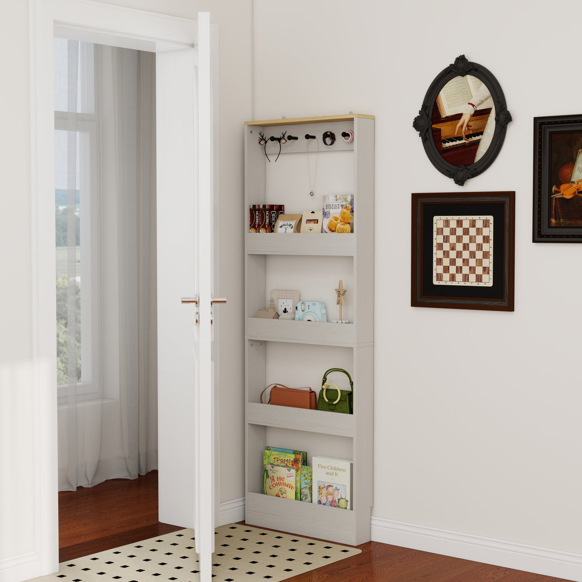 Behind The Door 69' Tall Bookcase with 4 Shelves and 5 hooks,  Space-Saving Narrow storage cabinet for Living Room, Children's Room, Study Room, Kitchen, Corridor-Antique White