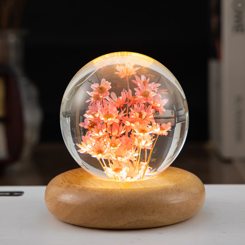 LED Night Light Flower Crystal Ball Children Night Lamp With Woodern Base Bedroom Ambient Light Creative Gift Night Light - Eloy Royal