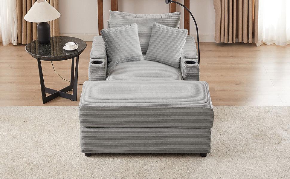 Modern Style Single Sofa Couch with Storage, USB Ports, Cup Holders, and Phone Holder, Grey Corduroy, 41.7' - Eloy Royal