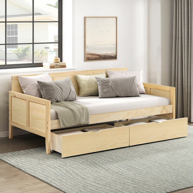 Daybed with Storage Boxes Natural Pine Finish Wooden Home Furniture 1pc Sofa Bed