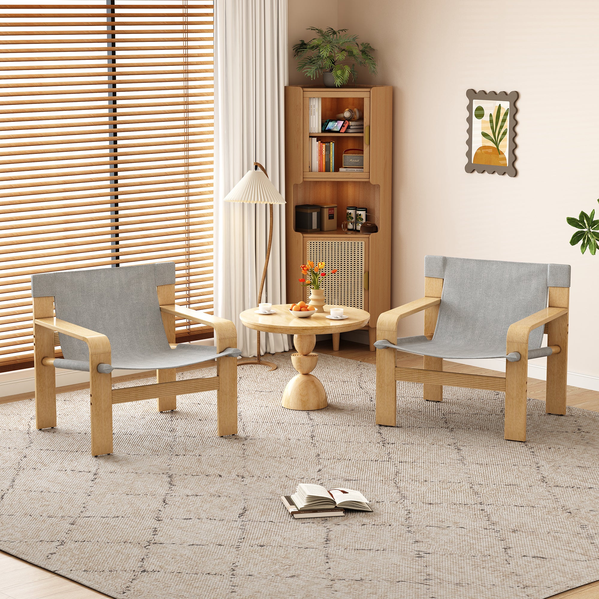 Detachable and washable Oak Accent Chair Wide Armrest Mid-Century Lounge Chair Linen Fabric Armchair & Solid Wood Frame for Living Room, Bedroom, Balcony,(LIGHT GREY)