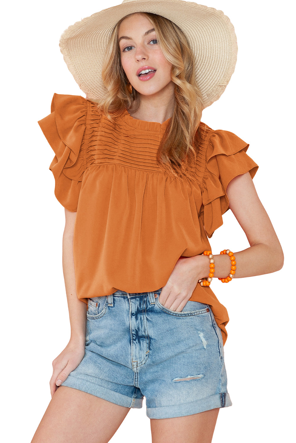 Grapefruit Orange Ruched Frilled Neck Ruffle Blouse - Eloy Royal