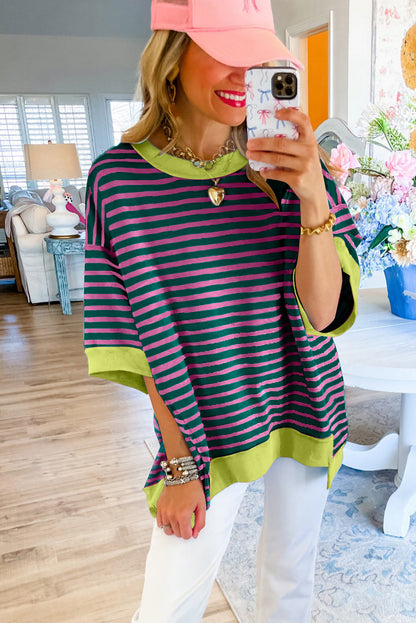 Pink Stripe Colorblock Drop Sleeve Loose Top - Eloy Royal