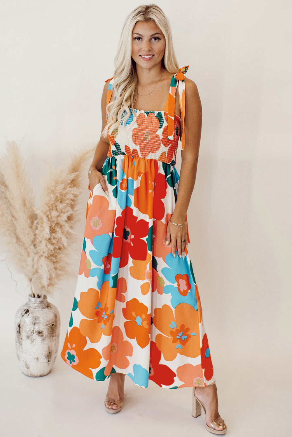 Orange 60s Floral Printed Shoulder Tie Smocked Maxi Dress - Eloy Royal