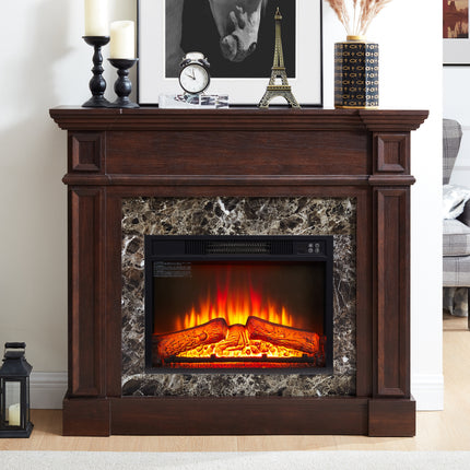 Electric Fireplace with Mantel, Fireplace Mantel, Fireplace Heater Freestanding, Realistic Stacked Stone Surround with Remote Control Timer LED Flame, Cherry, 45.66'W*11.8'D*40'H