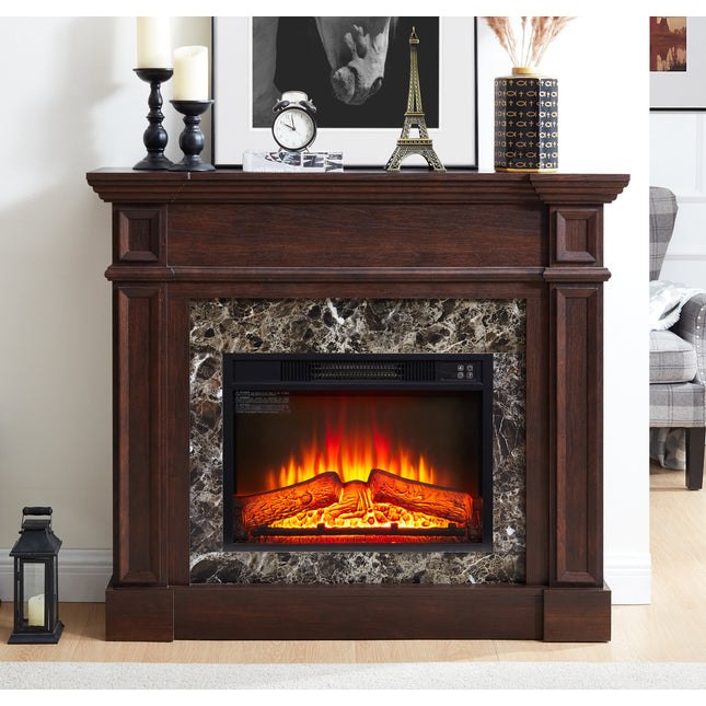 Electric Fireplace with Mantel, Fireplace Mantel, Fireplace Heater Freestanding, Realistic Stacked Stone Surround with Remote Control Timer LED Flame, Cherry, 45.66'W*11.8'D*40'H