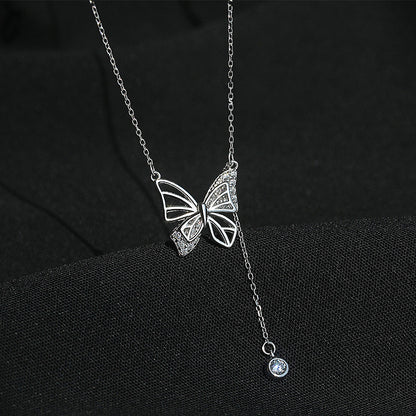 S925 Silver Hollow Butterfly Necklace With Rhinestones Luxury Diamond Tassel Pendant Clavicle Chain Women's Jewelry