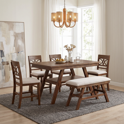 TOPMAX 6-Piece Wood Counter Height Dining Table Set with Storage Shelf, Kitchen Table Set with Bench and 4 Chairs,Rustic Style, Walnut+Beige Cushion (old sku: N717S000257AAD)