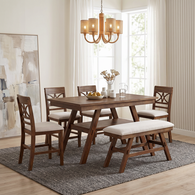 TOPMAX 6-Piece Wood Counter Height Dining Table Set with Storage Shelf, Kitchen Table Set with Bench and 4 Chairs,Rustic Style, Walnut+Beige Cushion (old sku: N717S000257AAD)
