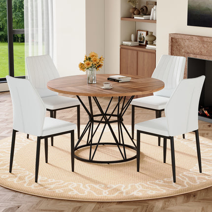 Table and Chair Set.A walnut MDF table with a diameter of 47.3 inches,black hourglass shaped metal brackets. Paired with 4 White PU Dining Chairs, 37 inches High, Ergonomic PU Backrest.