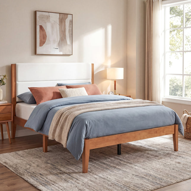 Mid-Century Modern Platform Bed Frame with Upholstered Headboard, Solid Wood Slat Support, No Box Spring Needed, Easy Assembly, Queen Size, Brown