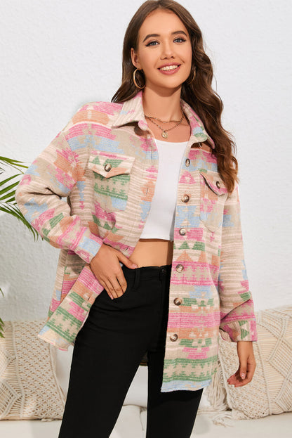 Multicolor Button Up Flap Pockets Geometric Jacket for Women - Eloy Royal