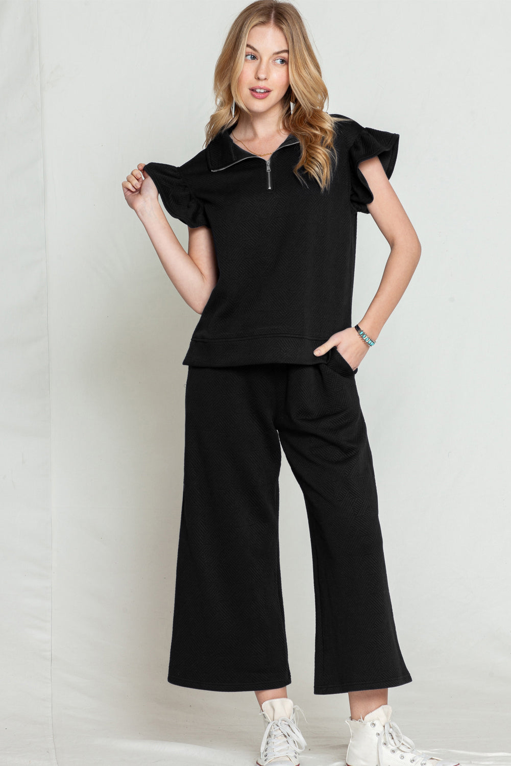 Navy Blue Textured Ruffle Cap Sleeve Top And Wide Leg Pants Set - Eloy Royal