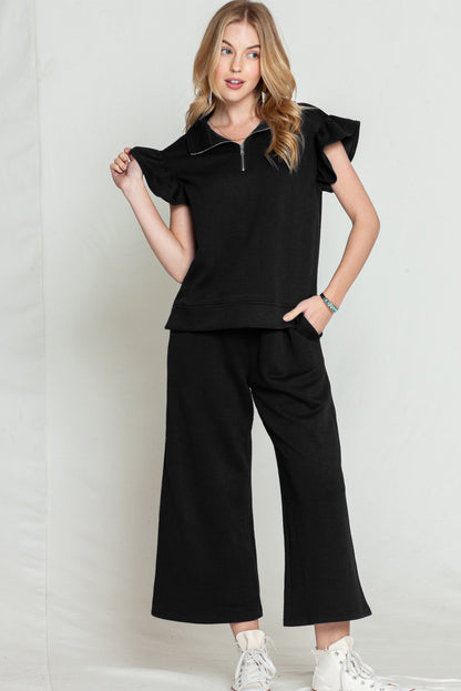 Navy Blue Textured Ruffle Cap Sleeve Top And Wide Leg Pants Set - Eloy Royal