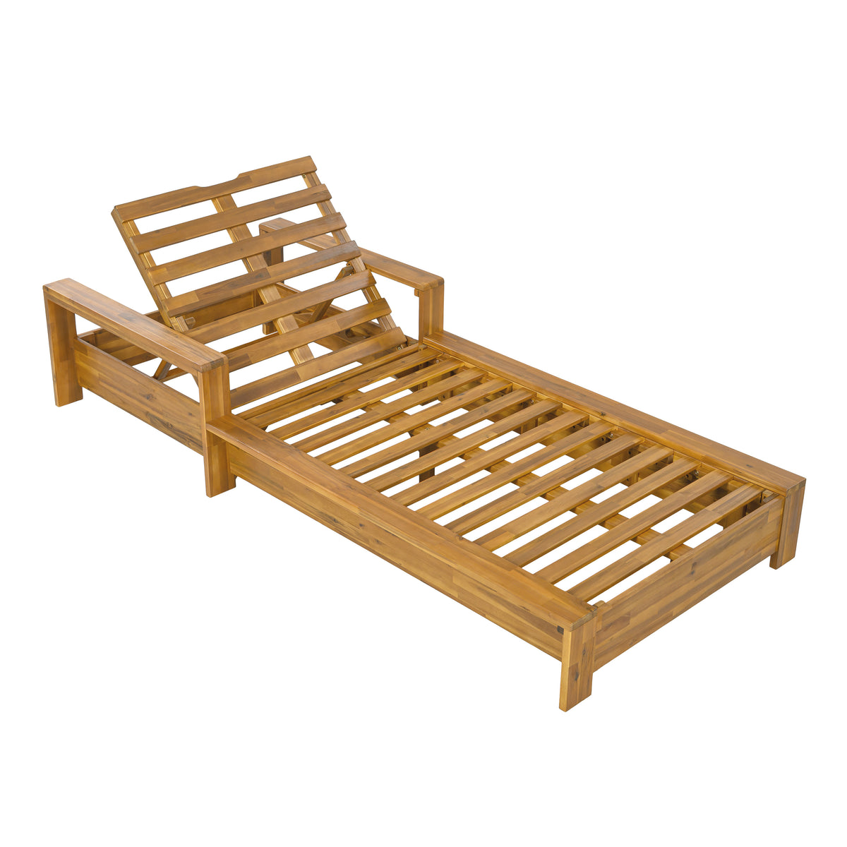 Teak Finish Acacia Wood Chaise Lounge Frame with Side Armrests, 3-Position Adjustable Backrest, 400 lbs Weight Capacity, Weather Resistant Outdoor Recliner Frame for Patio Pool Backyard