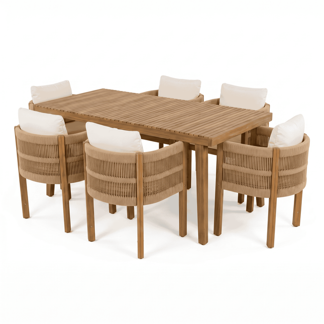 7-Piece Outdoor Dining Set with Brown Acacia Wood Table and 6 Rope Handle Chairs in Beige and Brown, Durable Patio Furniture for Backyard or Patio Use