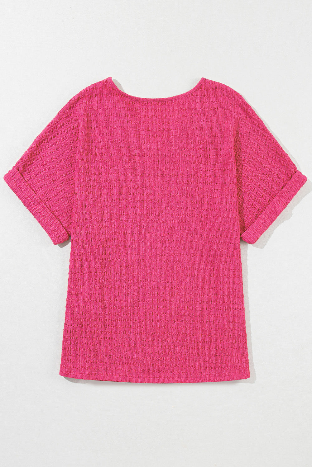 Bright Pink Textured Rolled Short Sleeve V Neck Blouse - Eloy Royal