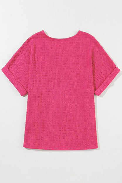 Bright Pink Textured Rolled Short Sleeve V Neck Blouse - Eloy Royal