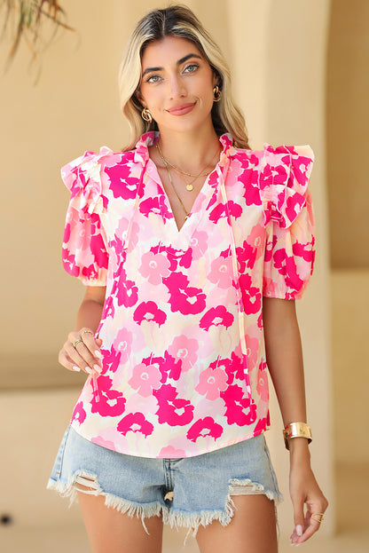 Pink Split Neck Ruffled Puff Sleeves Floral Top - Eloy Royal