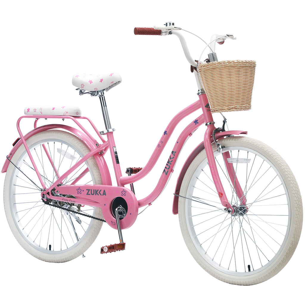 24 Inch Cruiser Bike for Girls, Single Speed Commuter Bicycle with Wicker Basket & Rear Rack, High Carbon Steel Frame Comfort City Bike for Outdoor Riding