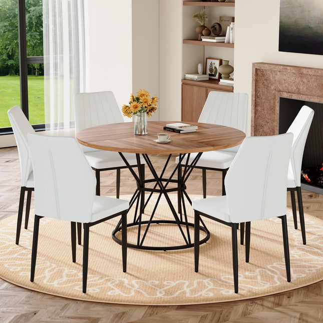 Table and Chair Set.A walnut MDF table with a diameter of 47.3 inches,black hourglass shaped metal brackets. Paired with 6 White PU Dining Chairs, 37 inches High, Ergonomic PU Backrest.