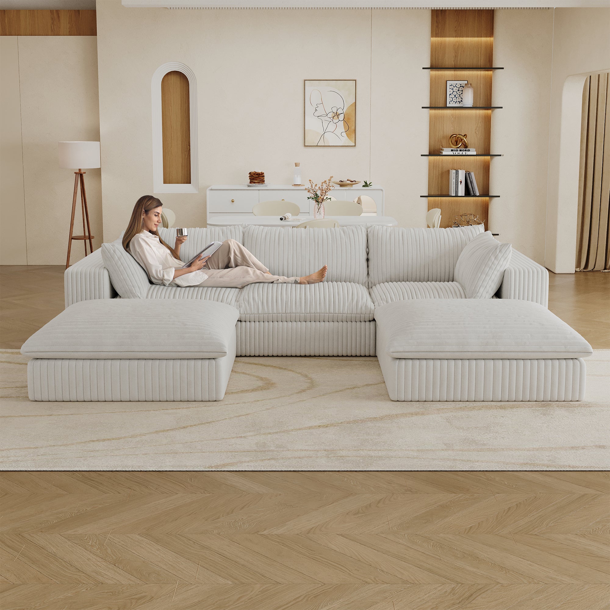 118.2' Cloud Sofa,Corduroy Fabric,Deep Seat Couches,Double-layer design,Removable Cushion,No Assembly, DIY Combination for Living room, Bedroom,Conference room ,Apartment,White