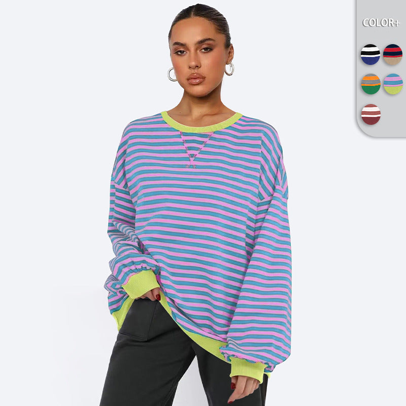 Women's Fashion Round Neck Striped Sweater Loose Bishop Sleeves Top