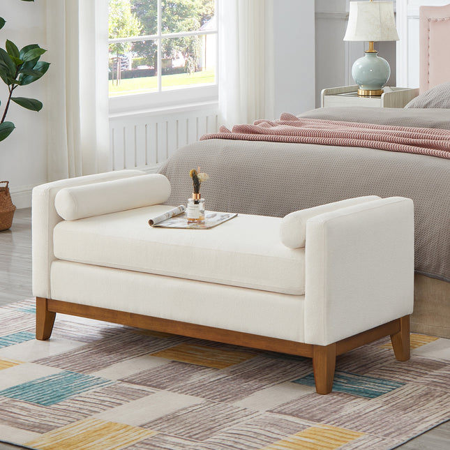 Large Upholstered Boucle Fabric Ottoman with Pillows,Comfort Padded Window Bench for Living Room,Entryway Bench-Ivory