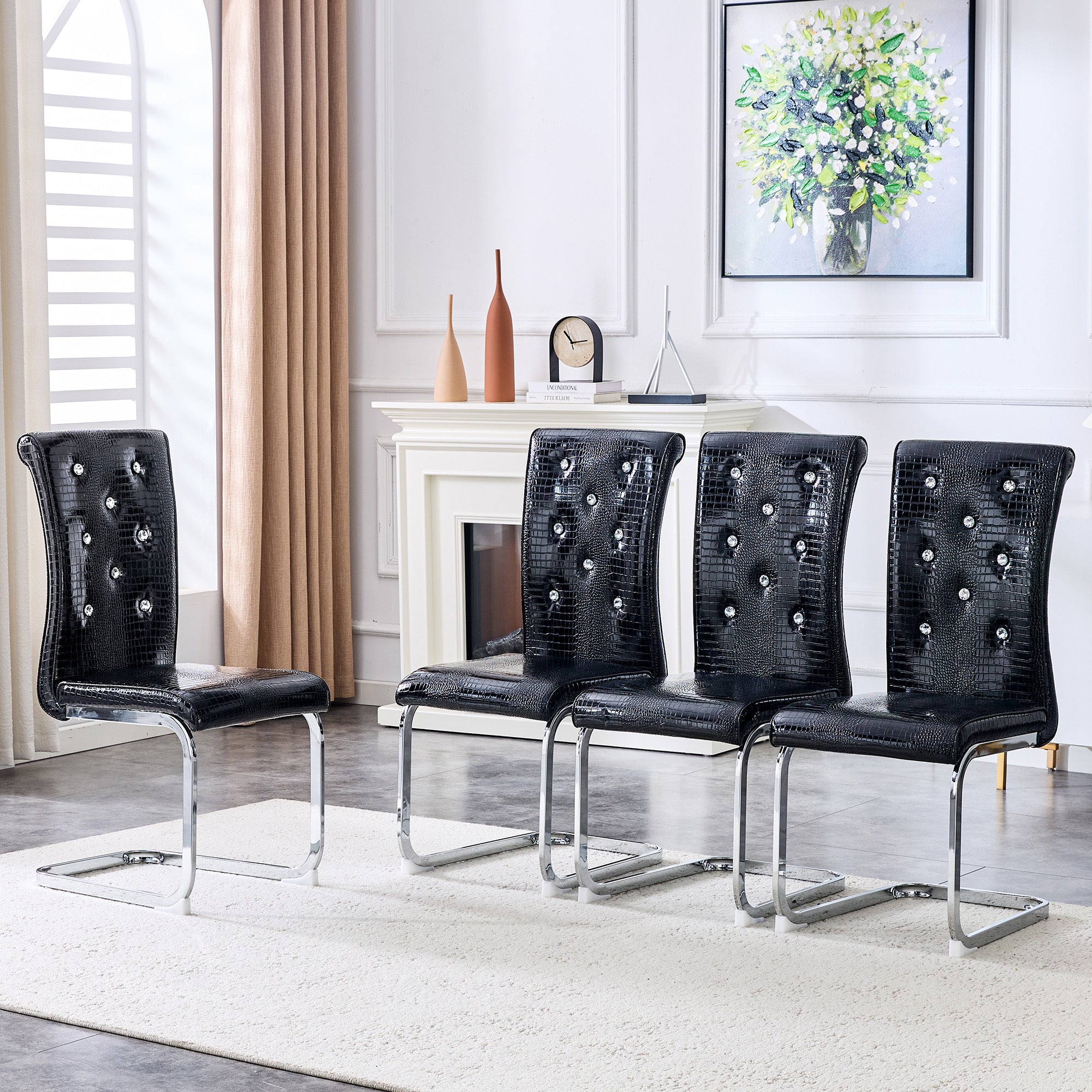 Set of 4,Retro alligator skin Upholstered dining chairs,with Crystal buckle design and Faux Leather design,a touch of elegance and mystery to the dining area,Electroplated metal bow leg