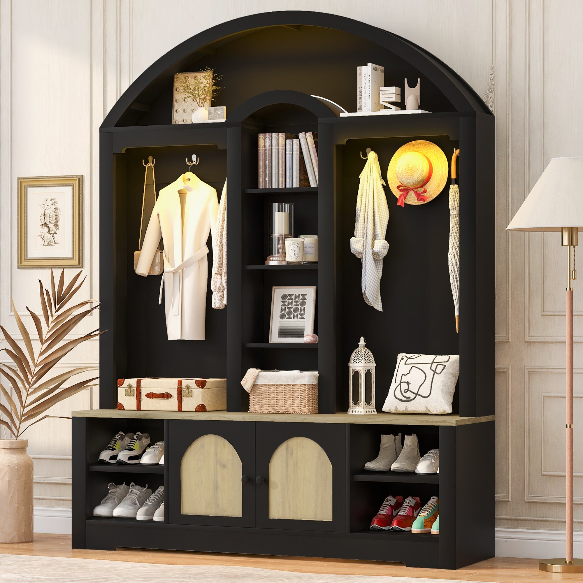 Multi-functional wardrobe/entrance wardrobe, equipped with shoe racks, clothes hangers and hooks. Wardrobe - A wardrobe is made of sturdy medium-density fiberboard with modern design and practical sto
