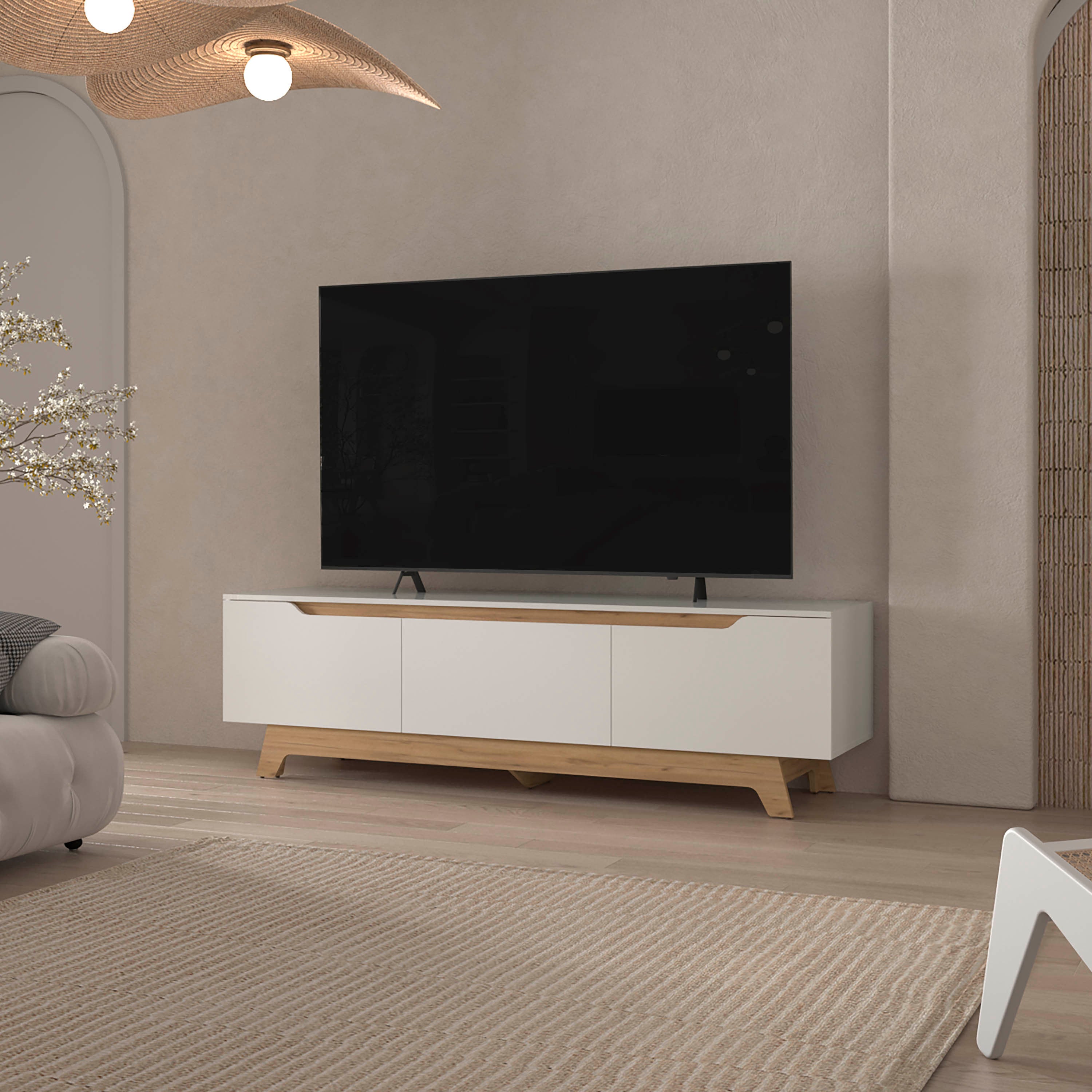 FM FURNITURE Lyman Entertainment Center with Two Doors. White and Natural Oak