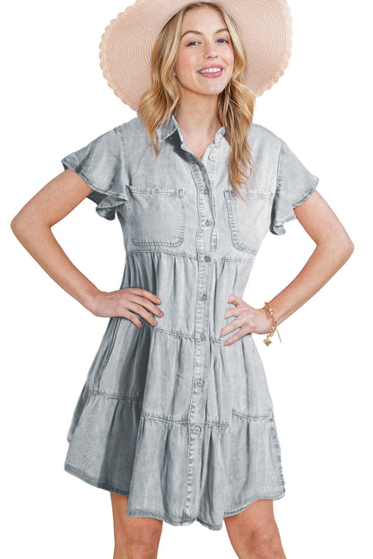 Bonbon Mineral Washed Ruffle Sleeve Tiered Chambray Dress - Eloy Royal