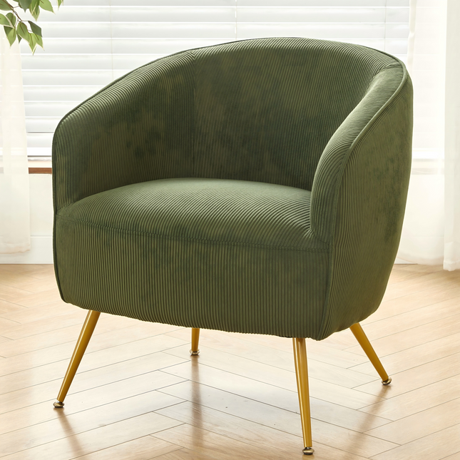 Corduroy Accent Chair with Gold Metal Legs, Modern Upholstered Armchair, Comfy Barrel Chair for Living Room Bedroom
