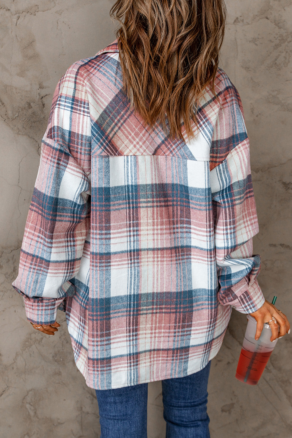 Pink & Grey Plaid Button Up Collared Flannel Shacket - Eloy Royal