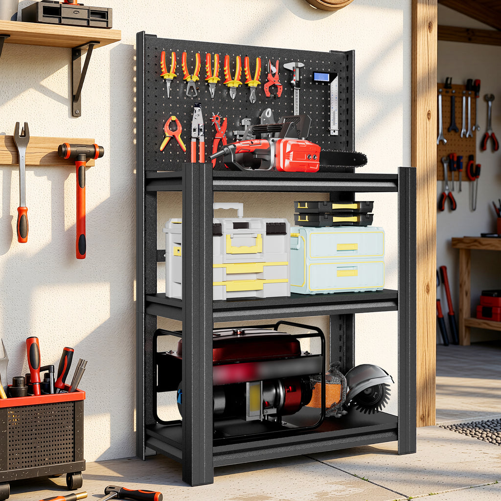3‑Tier Heavy‑Duty Metal Storage Shelving Unit with Pegboard, 660LBS Total Load‑Capacity, Adjustable Garage Tool Organizer Rack, Utility Storage Shelf for Warehouse Basement Workshop Office