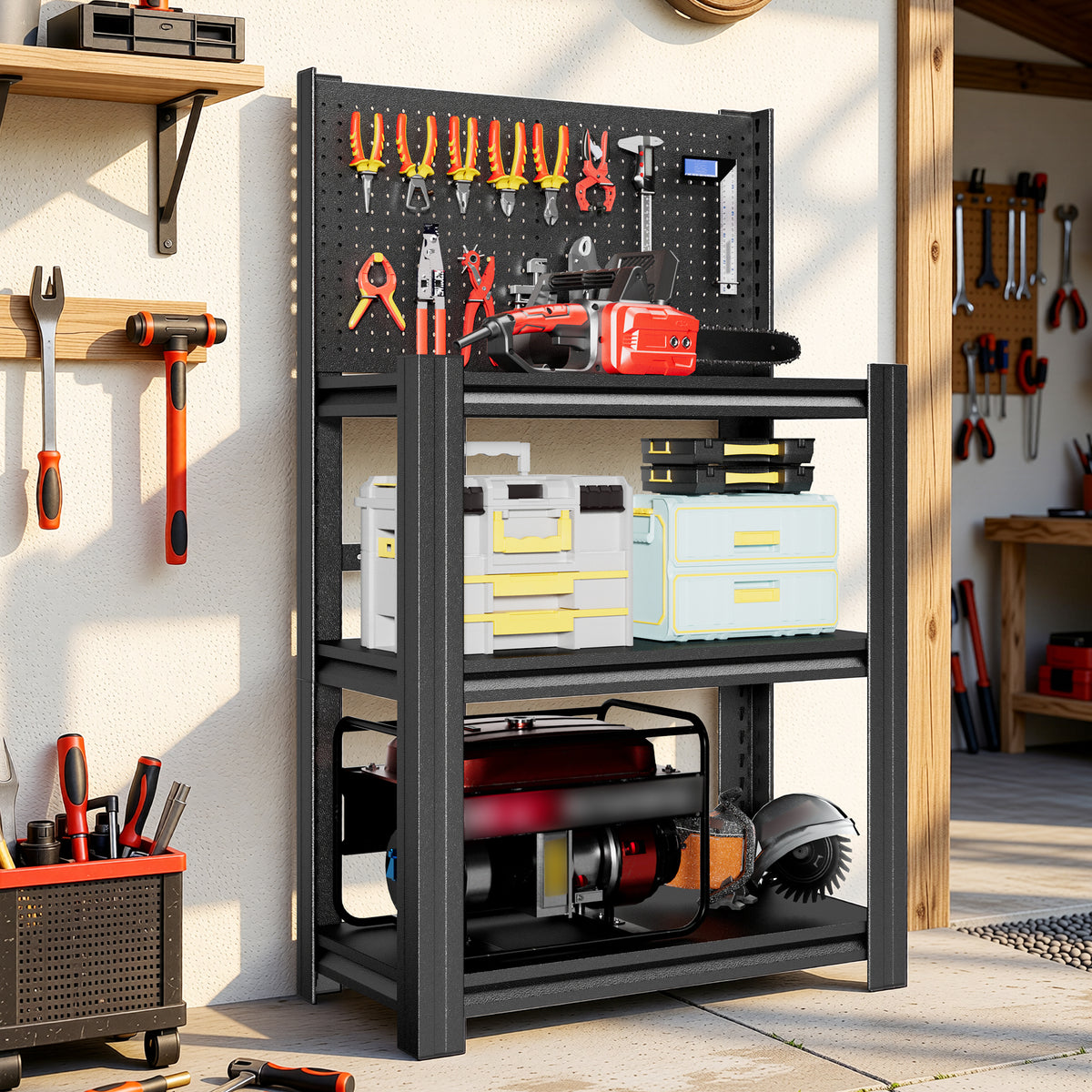 3‑Tier Heavy‑Duty Metal Storage Shelving Unit with Pegboard, 660LBS Total Load‑Capacity, Adjustable Garage Tool Organizer Rack, Utility Storage Shelf for Warehouse Basement Workshop Office