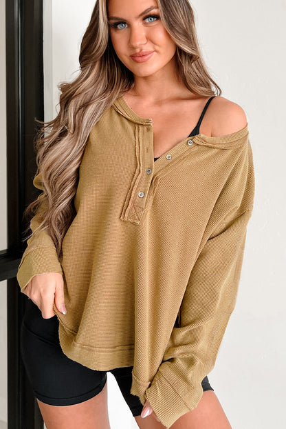 Camel Waffle Drop Shoulder Oversized Henley Top