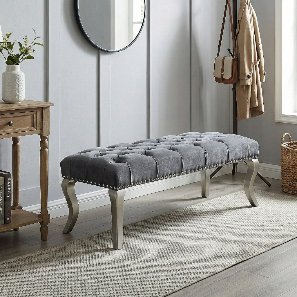 Decor Maxem Tufted Fabric Upholstered Bench Nailhead Trim , Gray