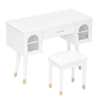 Elegant Vanity Makeup Table & Chair Set, Modern Dressing Table with Organizer, Writing Desk, Charging Port, White, Engineered Wood