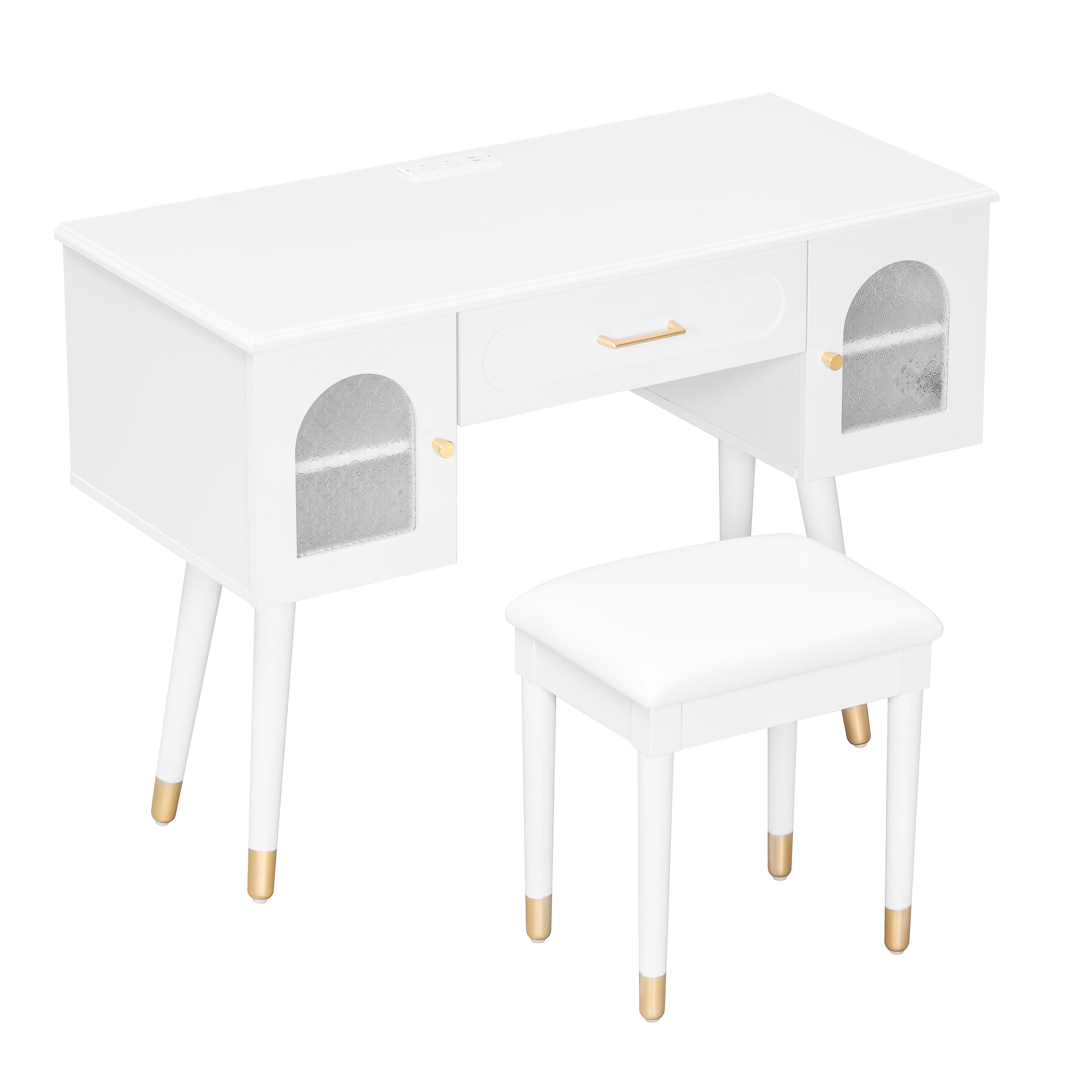 Elegant Vanity Makeup Table & Chair Set, Modern Dressing Table with Organizer, Writing Desk, Charging Port, White, Engineered Wood