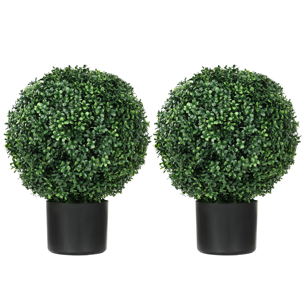 HOMCOM Set of 2 20.5' Artificial Ball Boxwood Topiary Trees with Pot, Indoor Outdoor Fake Plants for Home Office & Living Room Decor