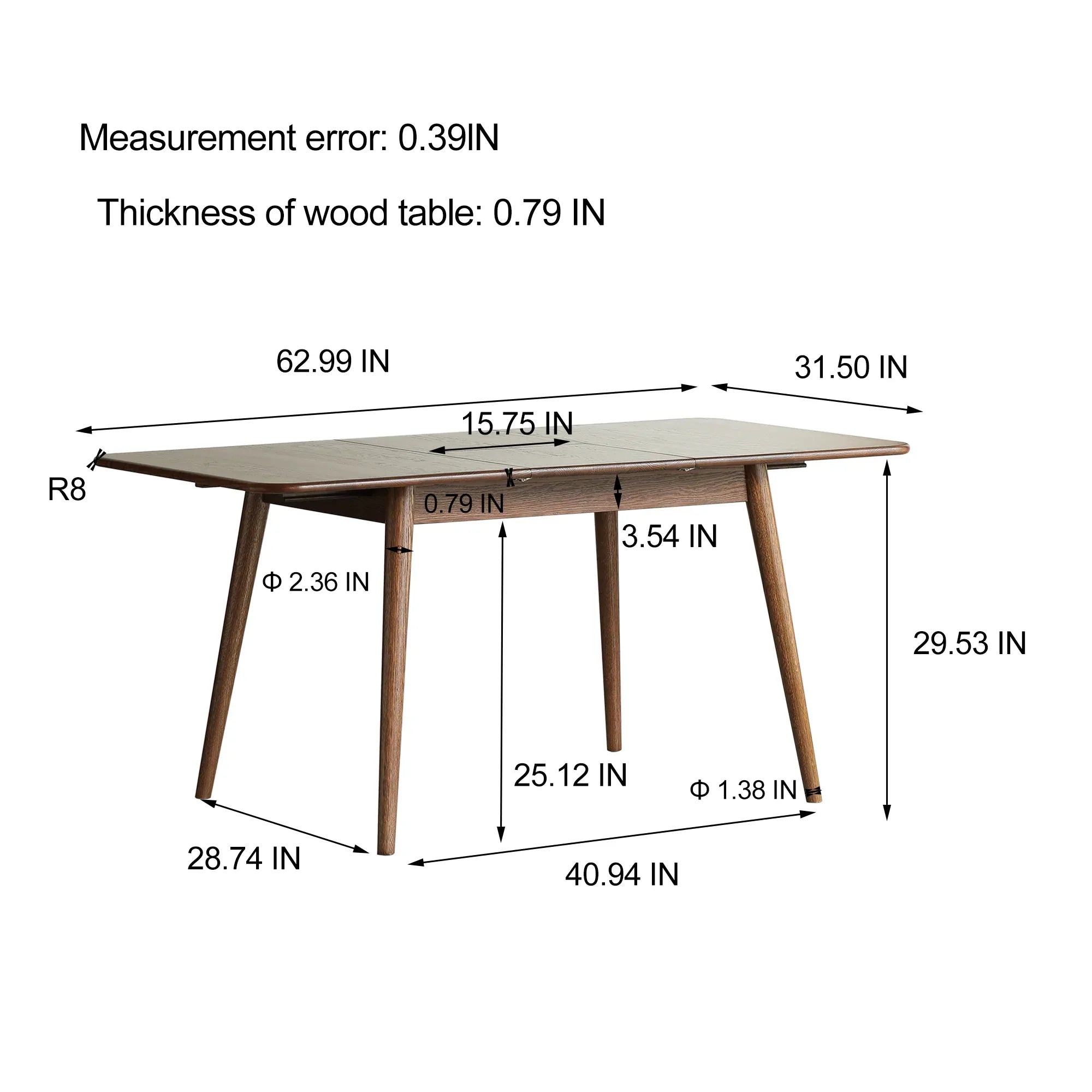 Walnut color solid oak round corner diagonal leg telescopic table 1.2-1.6m, for 6-8 people to meet Dining table wood (Walnut color) - Eloy Royal
