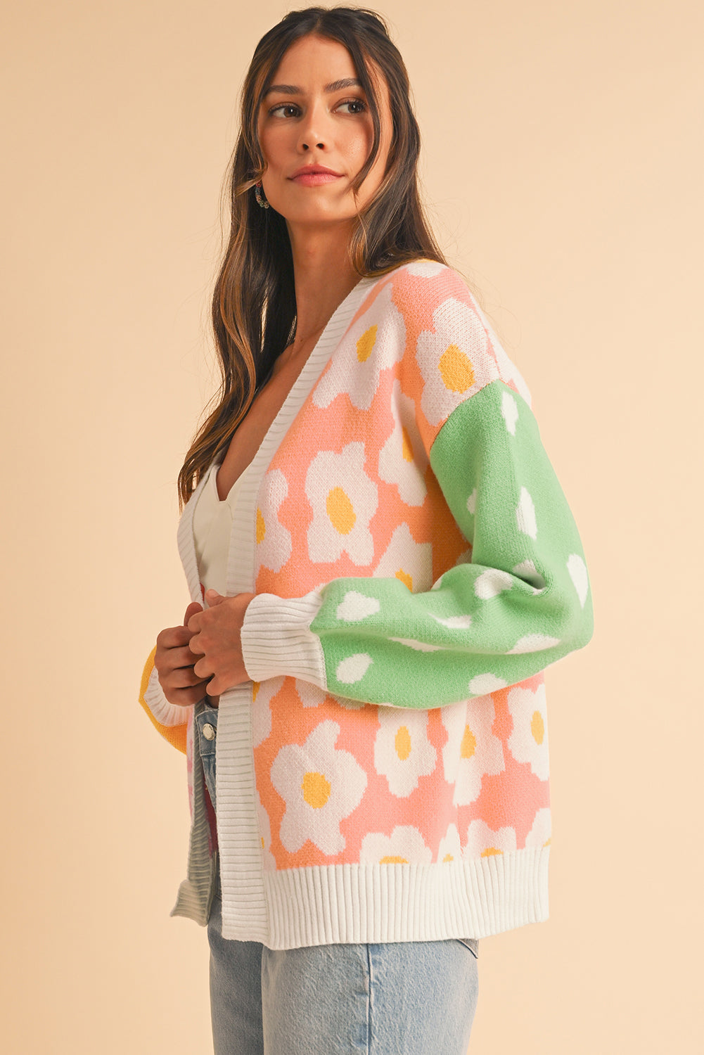 Orange Flower & Dotted Print Colorblock Open Front Cardigan